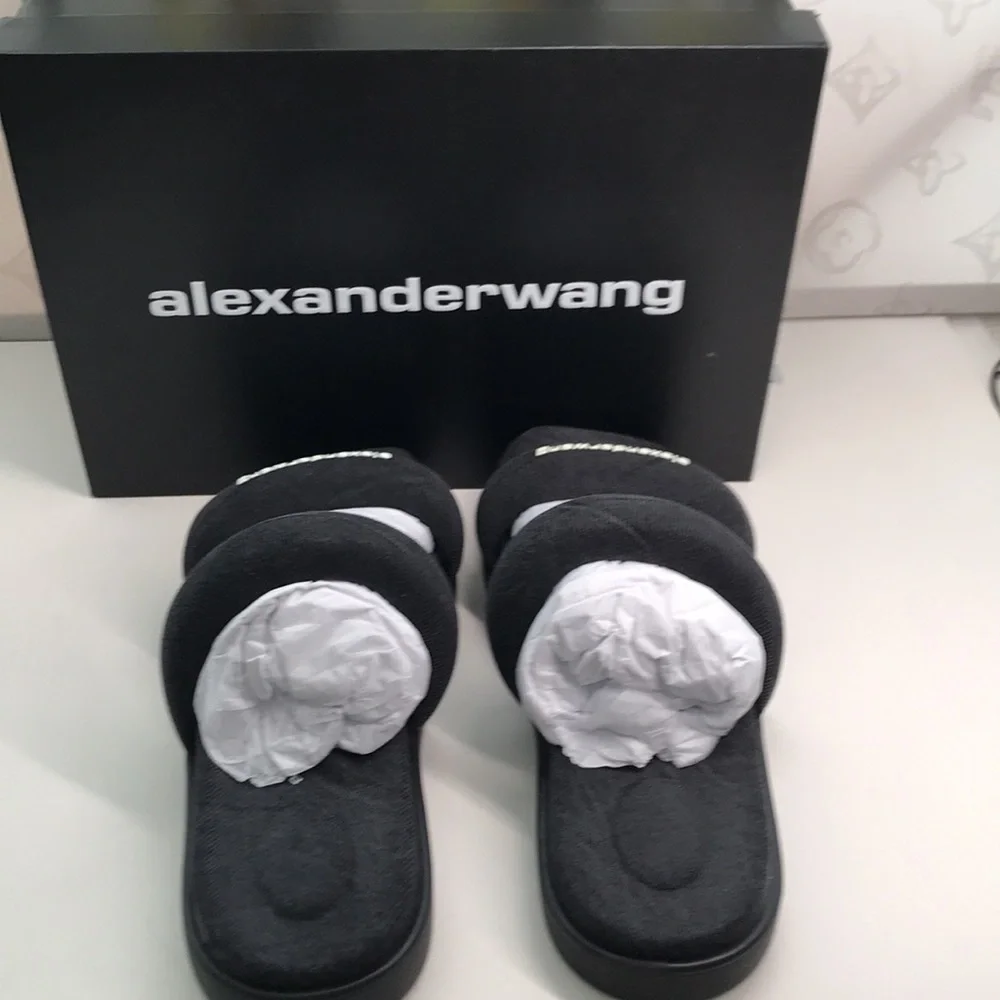New Authentic Alexander Wang Women’s Jay Flatform Slides – Grey Denim